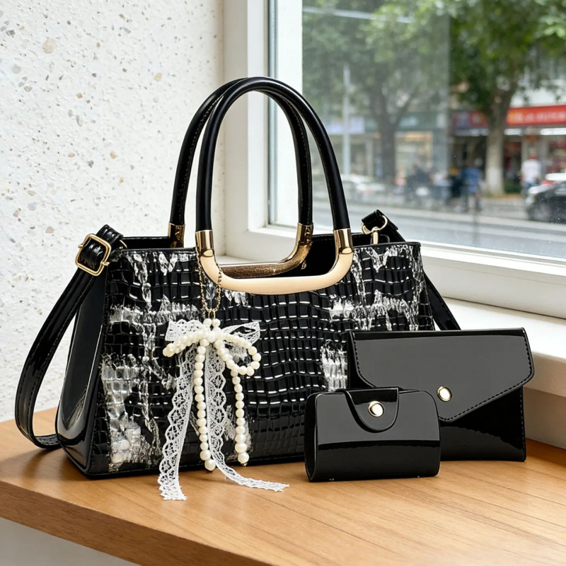 Women Accessories Bag - Women's Handbag Set, Crocodile Pattern Evening